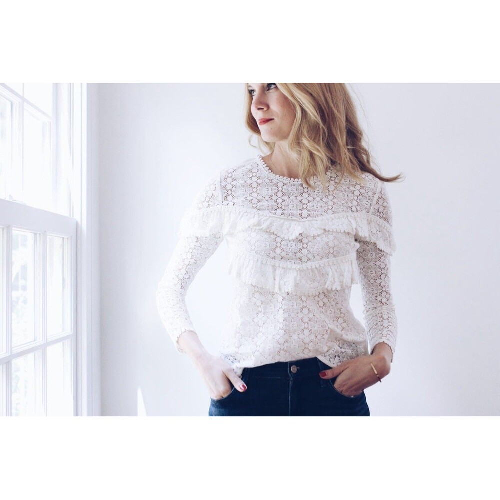 Sezane Ninon Blouse Size 40 US 8 White Lace Ruffle Long Sleeve Romantic Top - Picture 7 of 14